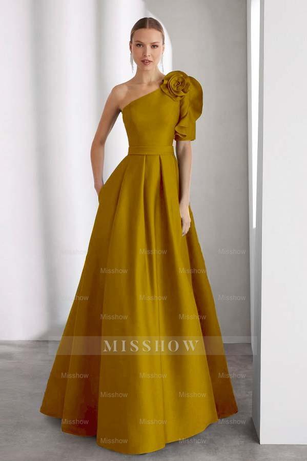 One Shoulder Sleeveless Long A Line Formal Dress With Pockets