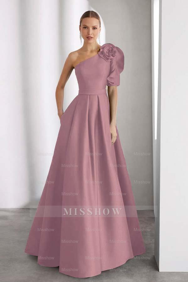 One Shoulder Sleeveless Long A Line Formal Dress With Pockets