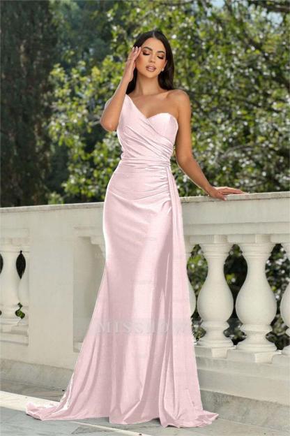 One Shoulder Sleeveless Long Mermaid Formal Dress With Pleated