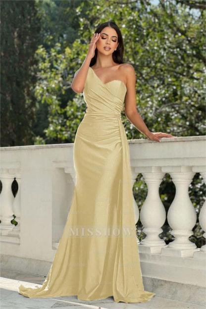 One Shoulder Sleeveless Long Mermaid Formal Dress With Pleated