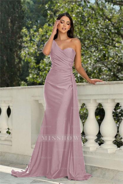 One Shoulder Sleeveless Long Mermaid Formal Dress With Pleated