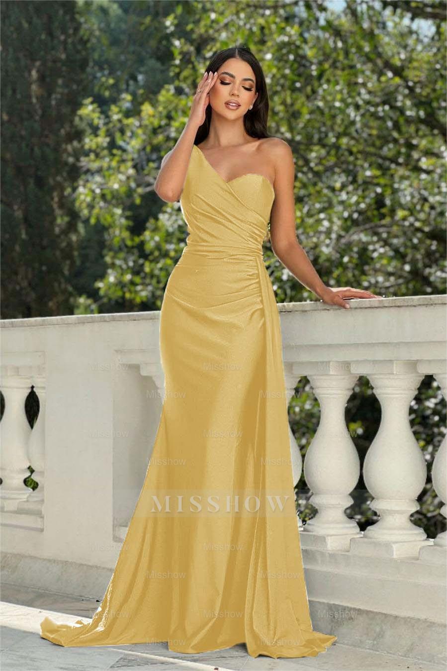 One Shoulder Sleeveless Long Mermaid Formal Dress With Pleated