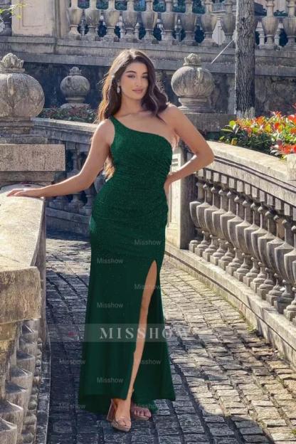 One Shoulder Sleeveless Long Mermaid Formal Dress With Split Beading