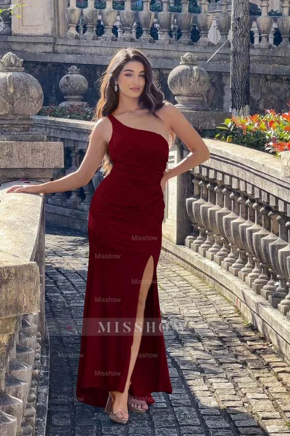 One Shoulder Sleeveless Long Mermaid Formal Dress With Split Beading