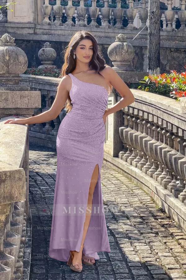 One Shoulder Sleeveless Long Mermaid Formal Dress With Split Beading