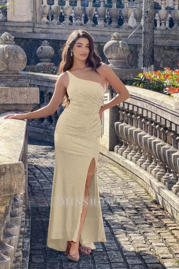 One Shoulder Sleeveless Long Mermaid Formal Dress With Split Beading