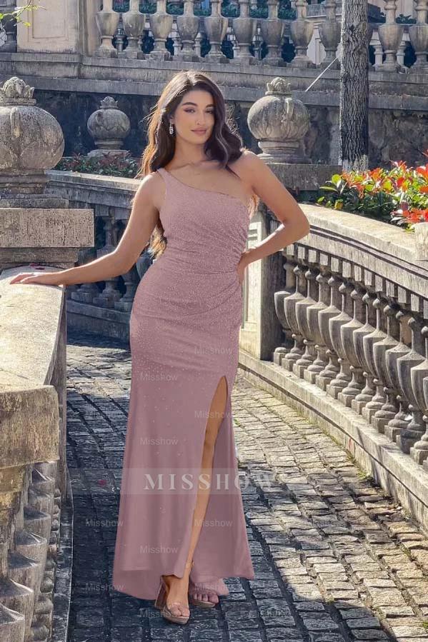 One Shoulder Sleeveless Long Mermaid Formal Dress With Split Beading