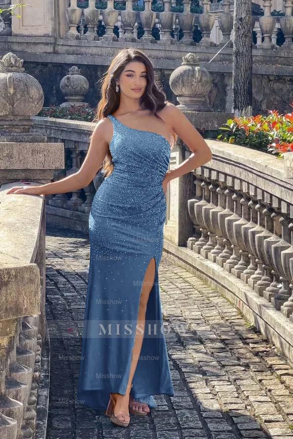 One Shoulder Sleeveless Long Mermaid Formal Dress With Split Beading