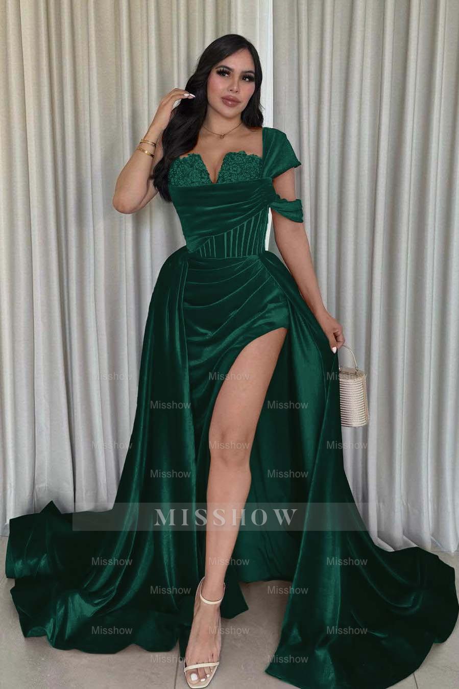 One Shoulder Sleeveless Long Mermaid Formal Dress With Split Pleated