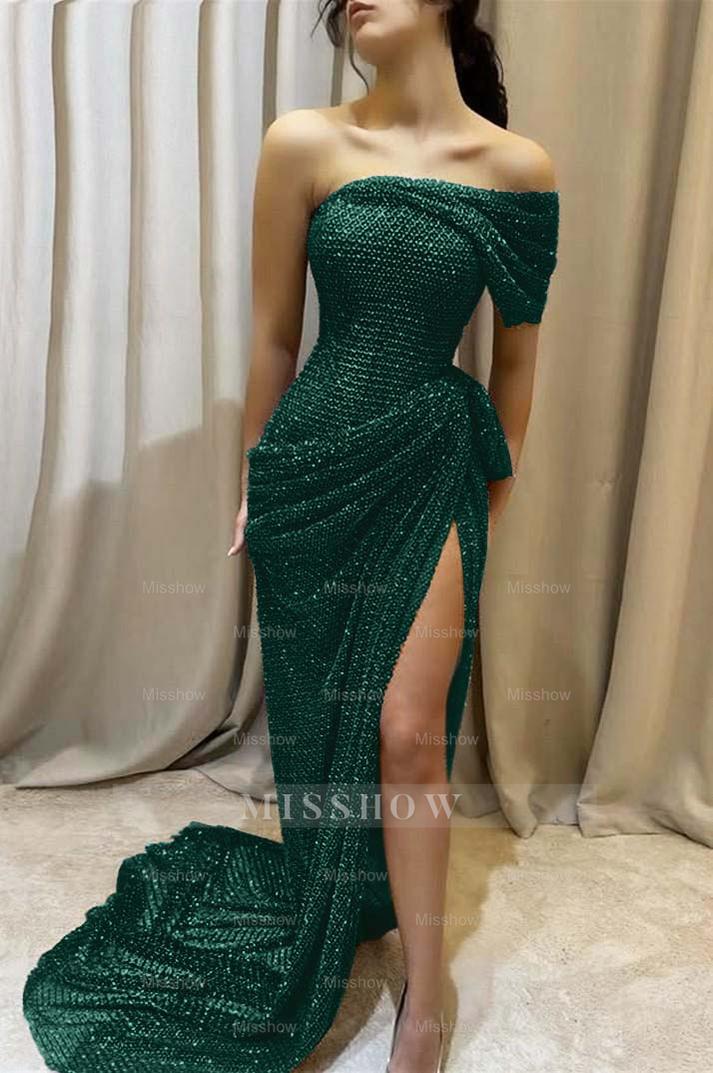 One Shoulder Sleeveless Long Mermaid Formal Dress With Split Pleated