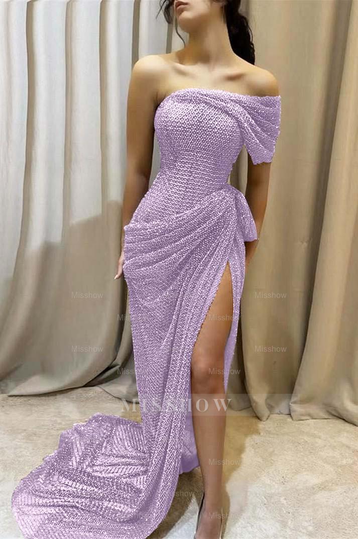 One Shoulder Sleeveless Long Mermaid Formal Dress With Split Pleated