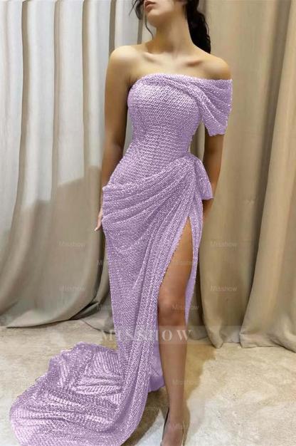 One Shoulder Sleeveless Long Mermaid Formal Dress With Split Pleated