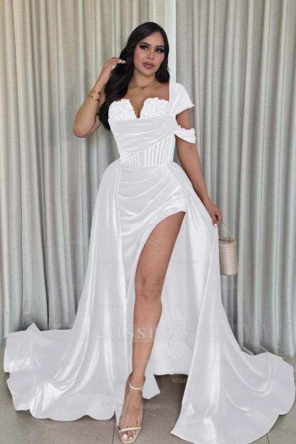 One Shoulder Sleeveless Long Mermaid Formal Dress With Split Pleated