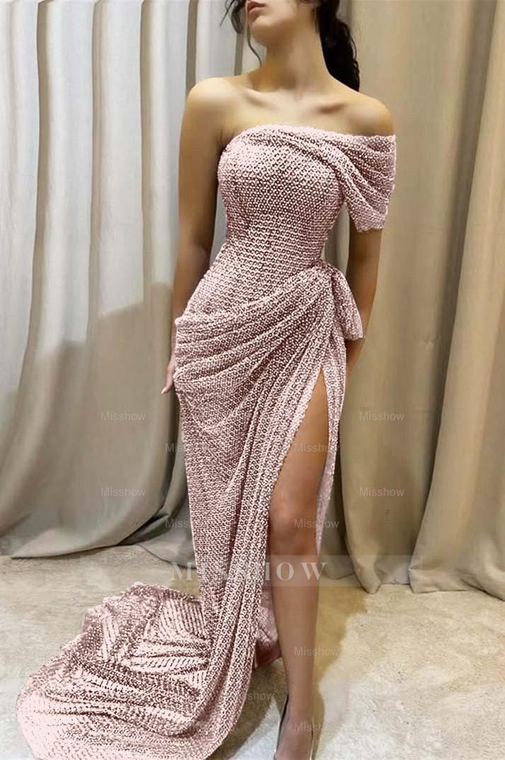 One Shoulder Sleeveless Long Mermaid Formal Dress With Split Pleated