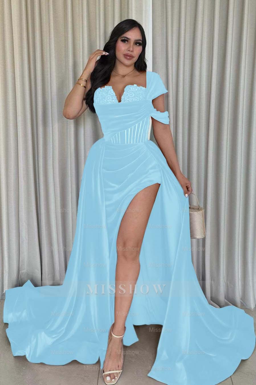 One Shoulder Sleeveless Long Mermaid Formal Dress With Split Pleated