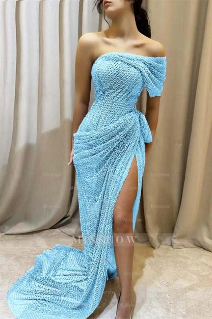 One Shoulder Sleeveless Long Mermaid Formal Dress With Split Pleated