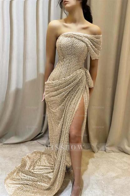 One Shoulder Sleeveless Long Mermaid Formal Dress With Split Pleated