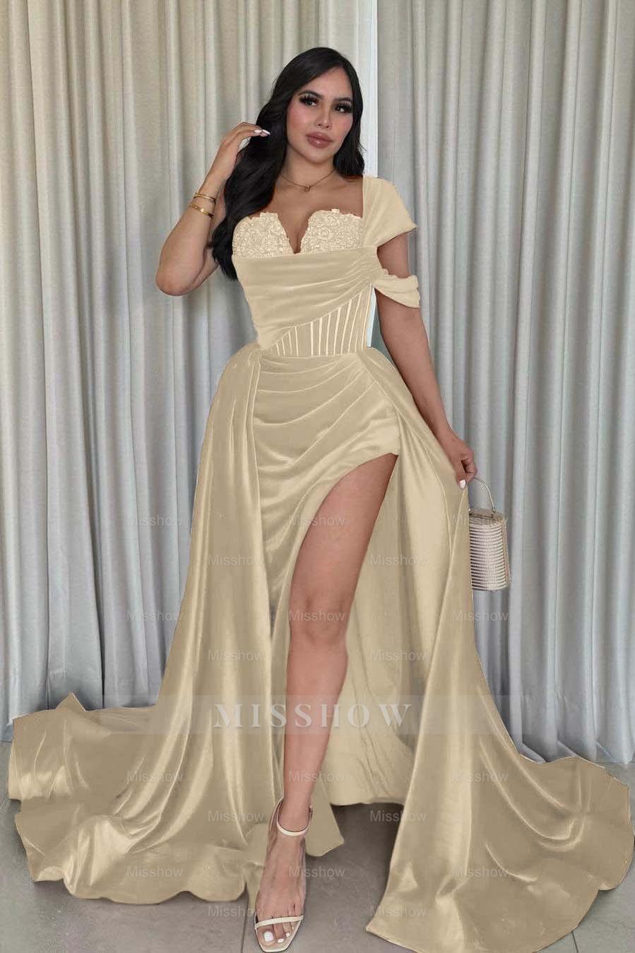 One Shoulder Sleeveless Long Mermaid Formal Dress With Split Pleated