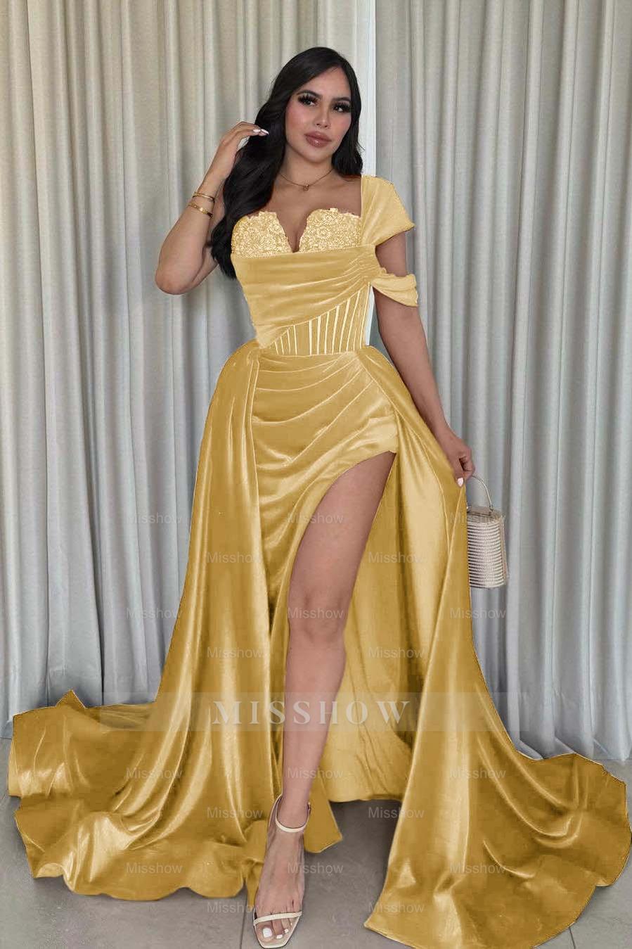 One Shoulder Sleeveless Long Mermaid Formal Dress With Split Pleated