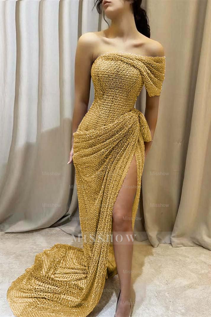 One Shoulder Sleeveless Long Mermaid Formal Dress With Split Pleated