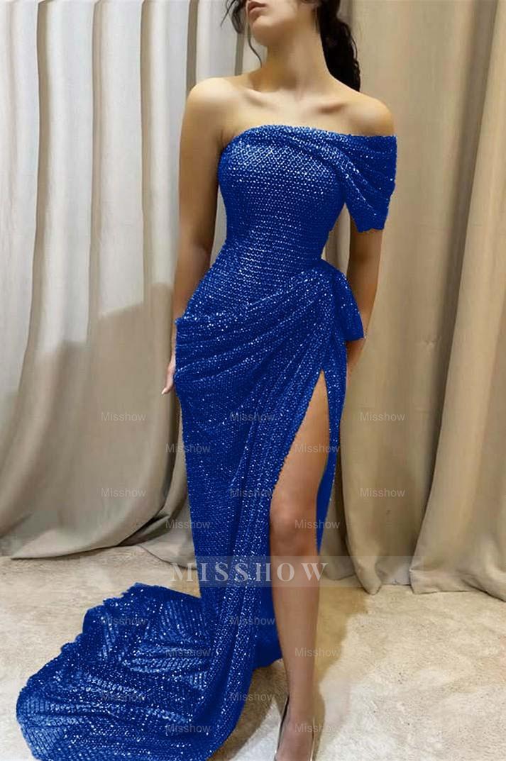 One Shoulder Sleeveless Long Mermaid Formal Dress With Split Pleated