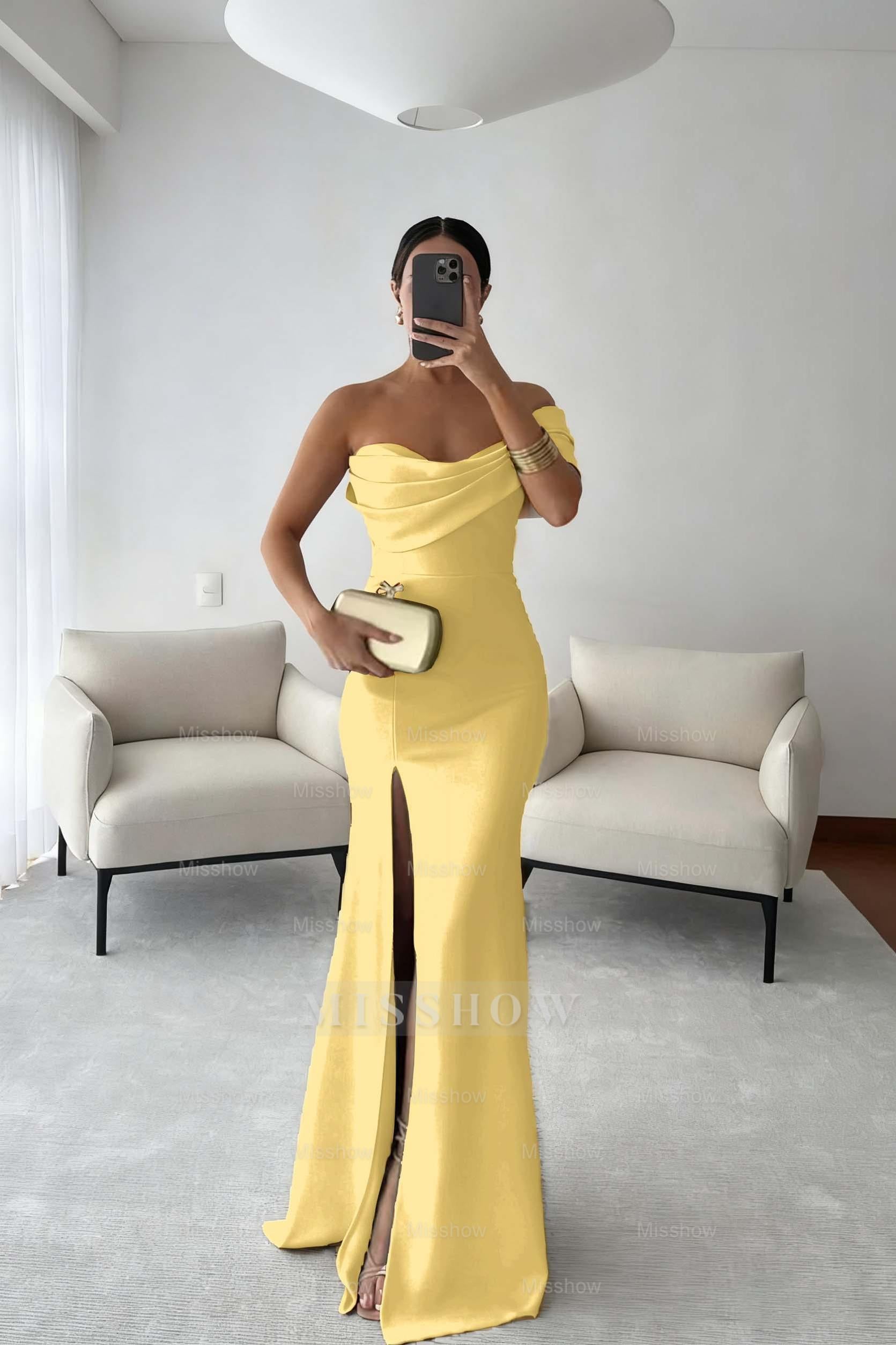 One Shoulder Sleeveless Long Mermaid Formal Dress With Split Pleated