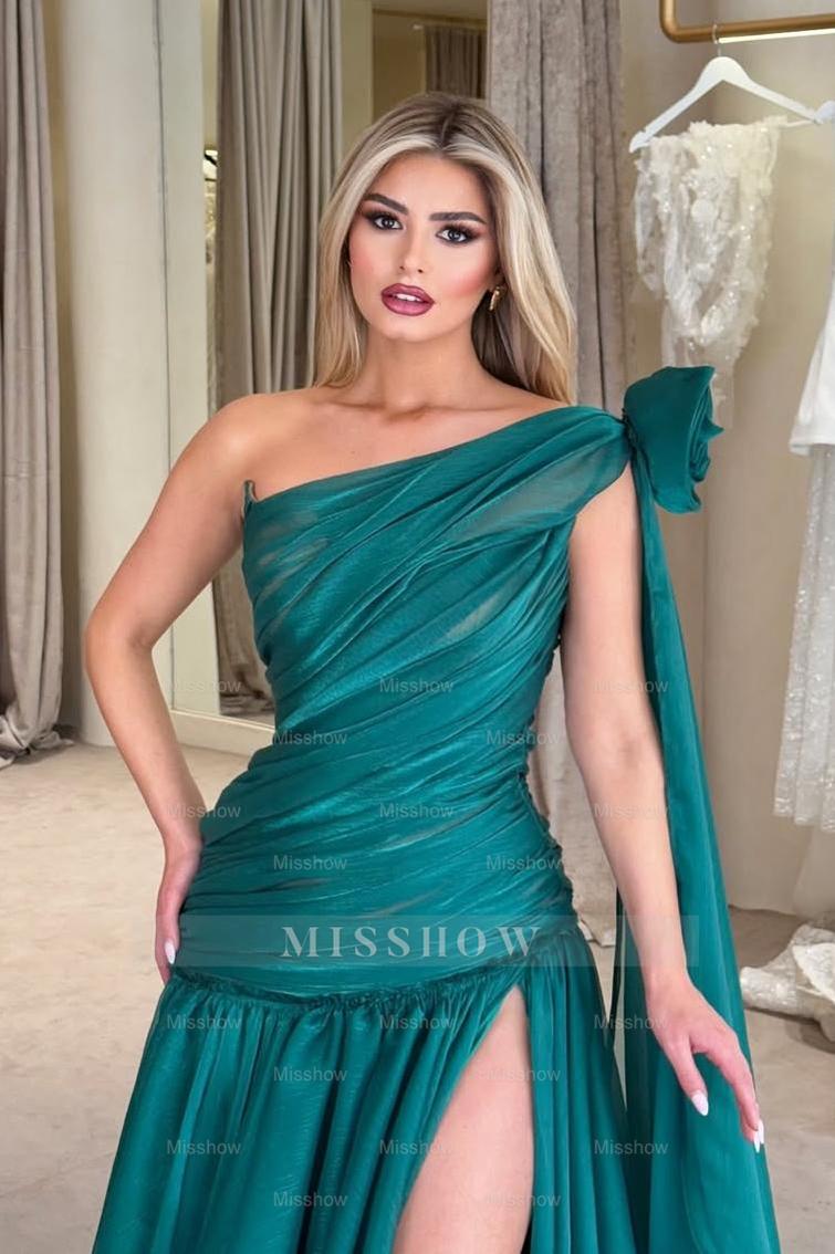 One Shoulder Sleeveless Long Split Formal Dress With Pleated