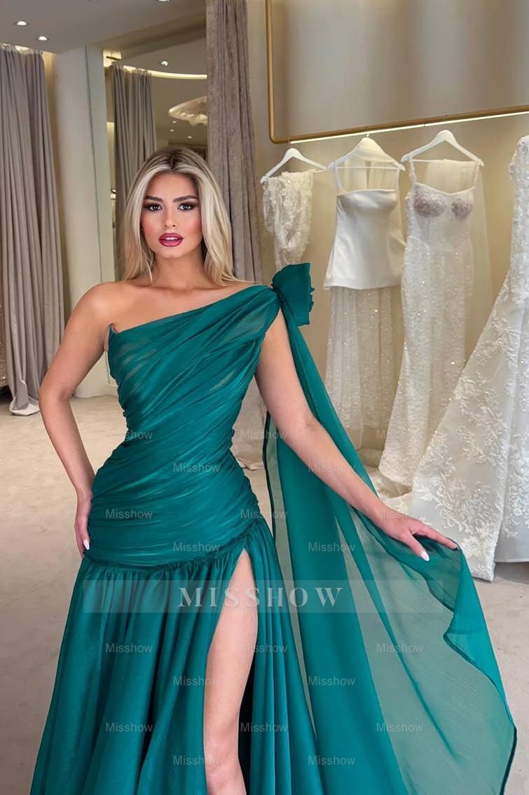 One Shoulder Sleeveless Long Split Formal Dress With Pleated