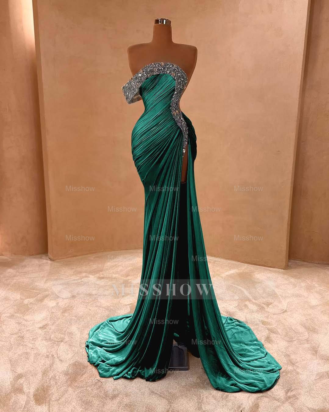 One Shoulder Sleeveless Long Split Formal Dress With Pleated Sequins