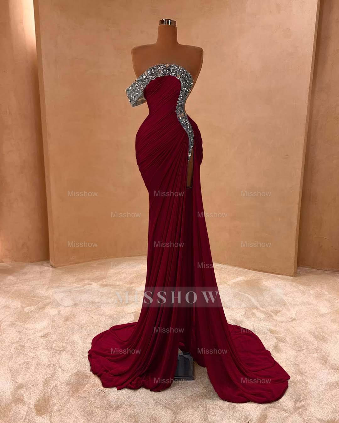 One Shoulder Sleeveless Long Split Formal Dress With Pleated Sequins