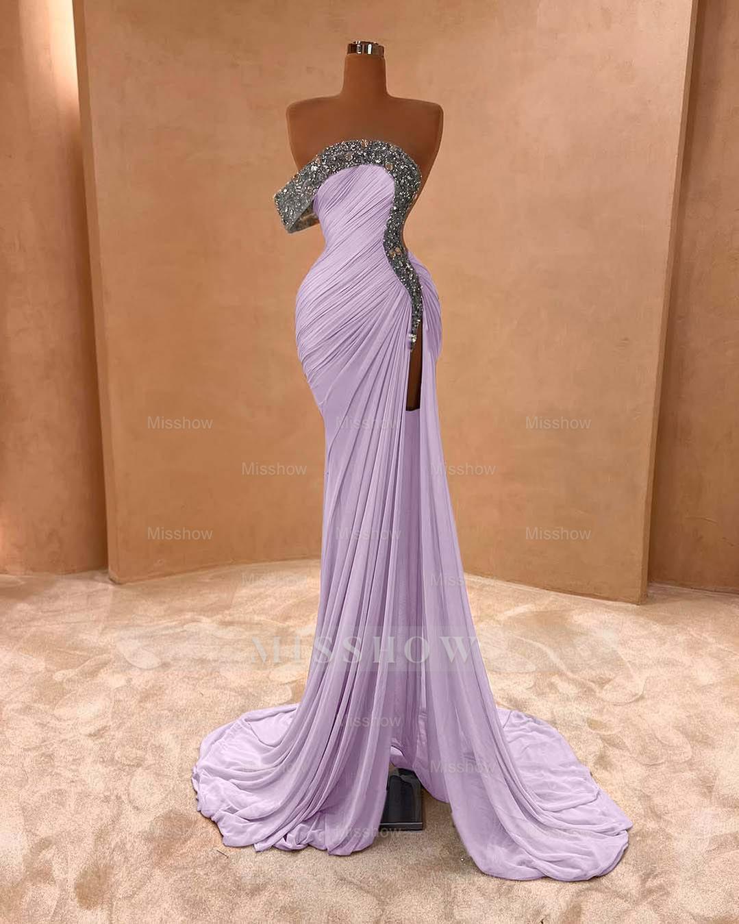 One Shoulder Sleeveless Long Split Formal Dress With Pleated Sequins