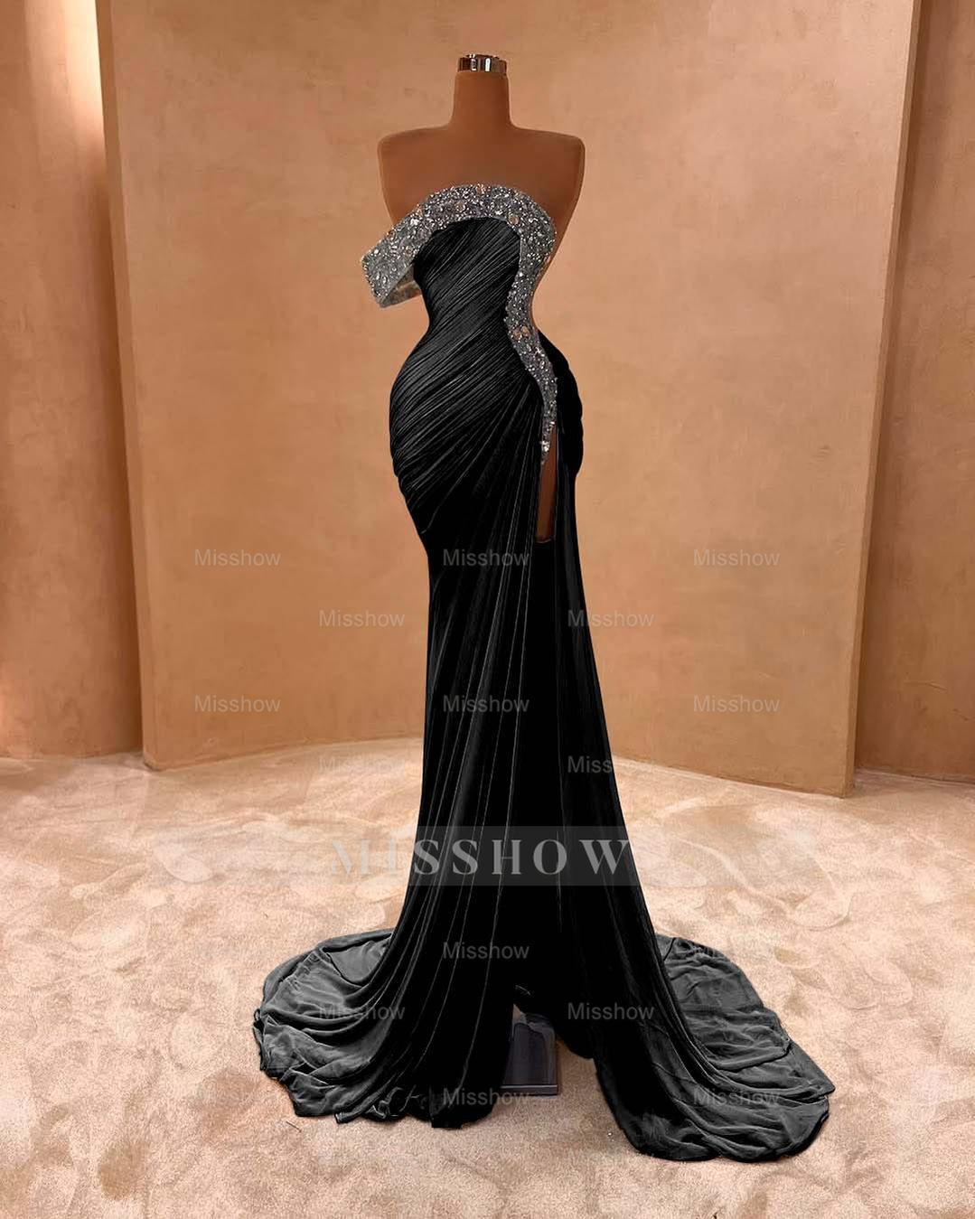 One Shoulder Sleeveless Long Split Formal Dress With Pleated Sequins