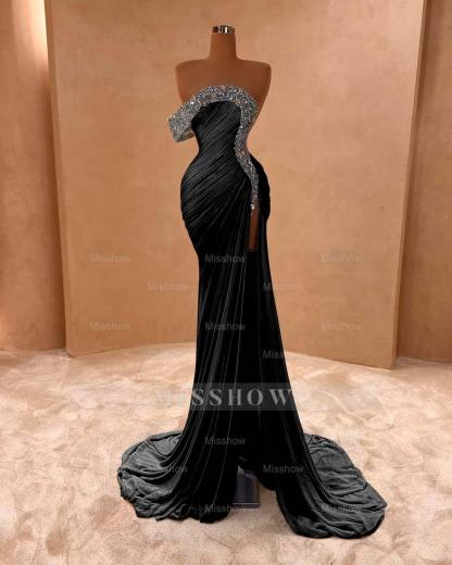 One Shoulder Sleeveless Long Split Formal Dress With Pleated Sequins