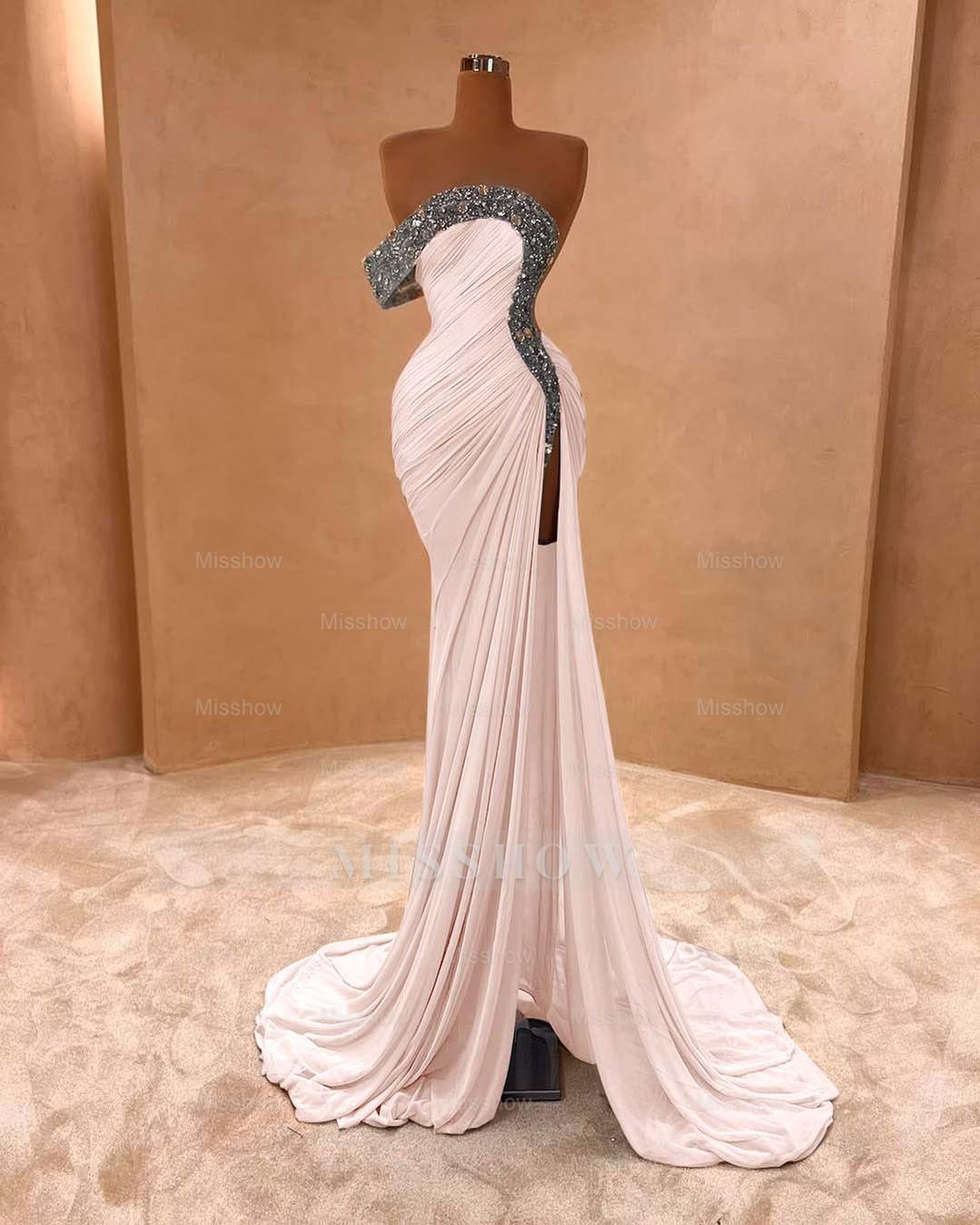 One Shoulder Sleeveless Long Split Formal Dress With Pleated Sequins