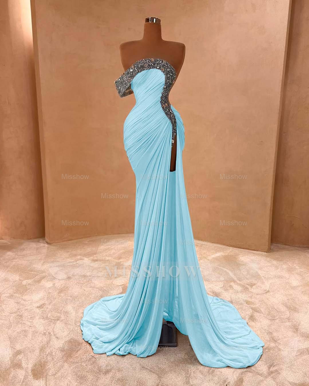 One Shoulder Sleeveless Long Split Formal Dress With Pleated Sequins