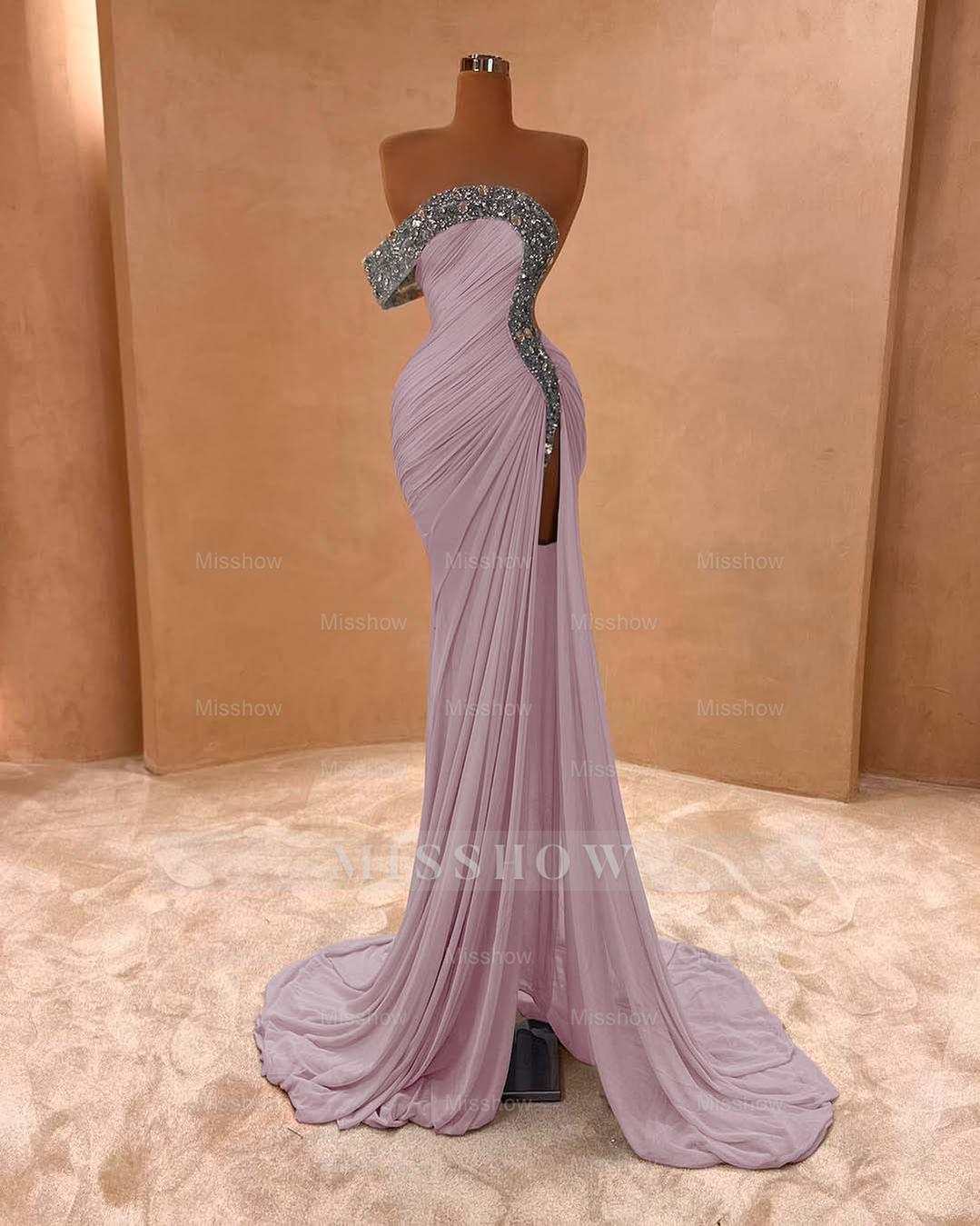 One Shoulder Sleeveless Long Split Formal Dress With Pleated Sequins