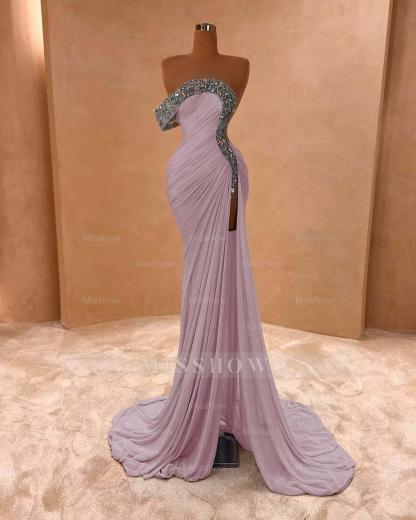 One Shoulder Sleeveless Long Split Formal Dress With Pleated Sequins