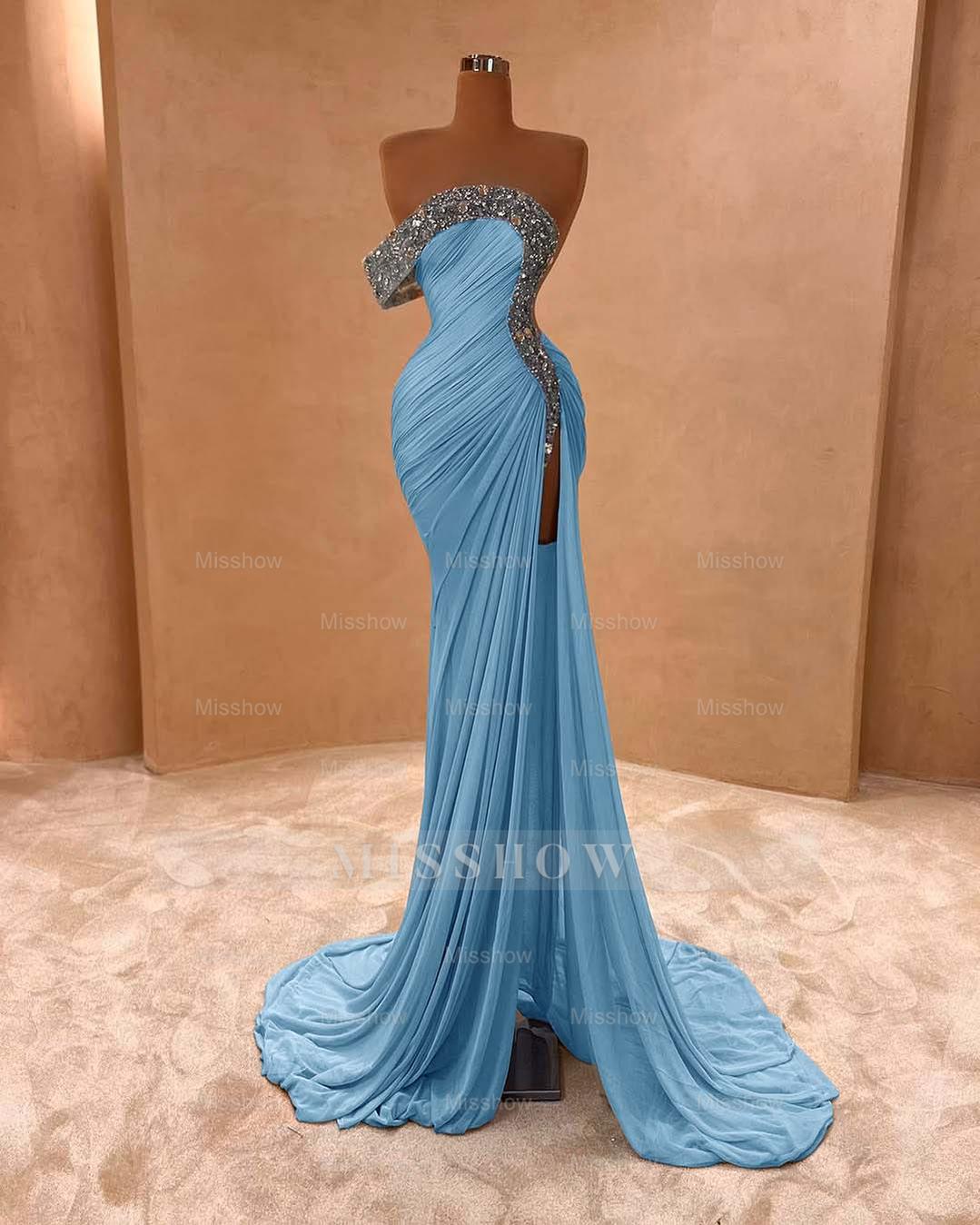 One Shoulder Sleeveless Long Split Formal Dress With Pleated Sequins
