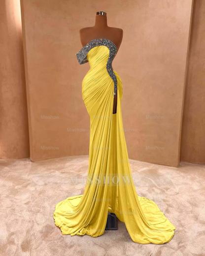 One Shoulder Sleeveless Long Split Formal Dress With Pleated Sequins