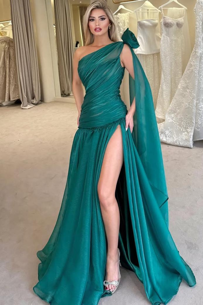 One Shoulder Sleeveless Long Split Formal Dress With Pleated
