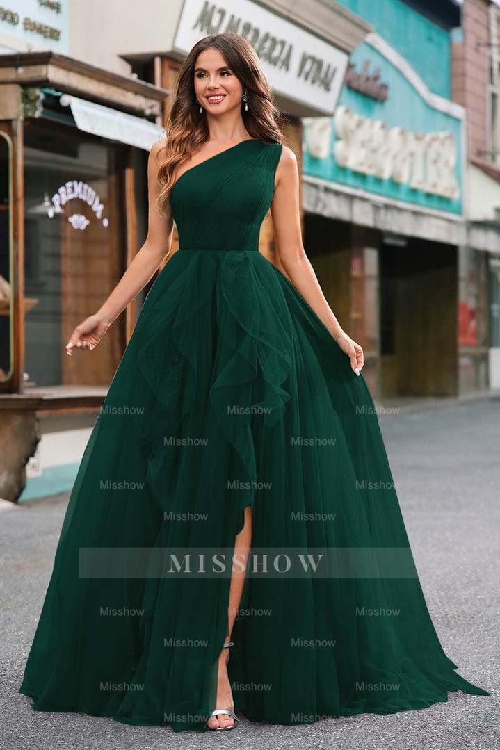 One Shoulder Sleeveless Long Split Formal Dress With Sequins Tulle