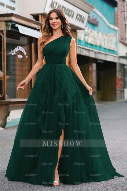 One Shoulder Sleeveless Long Split Formal Dress With Sequins Tulle