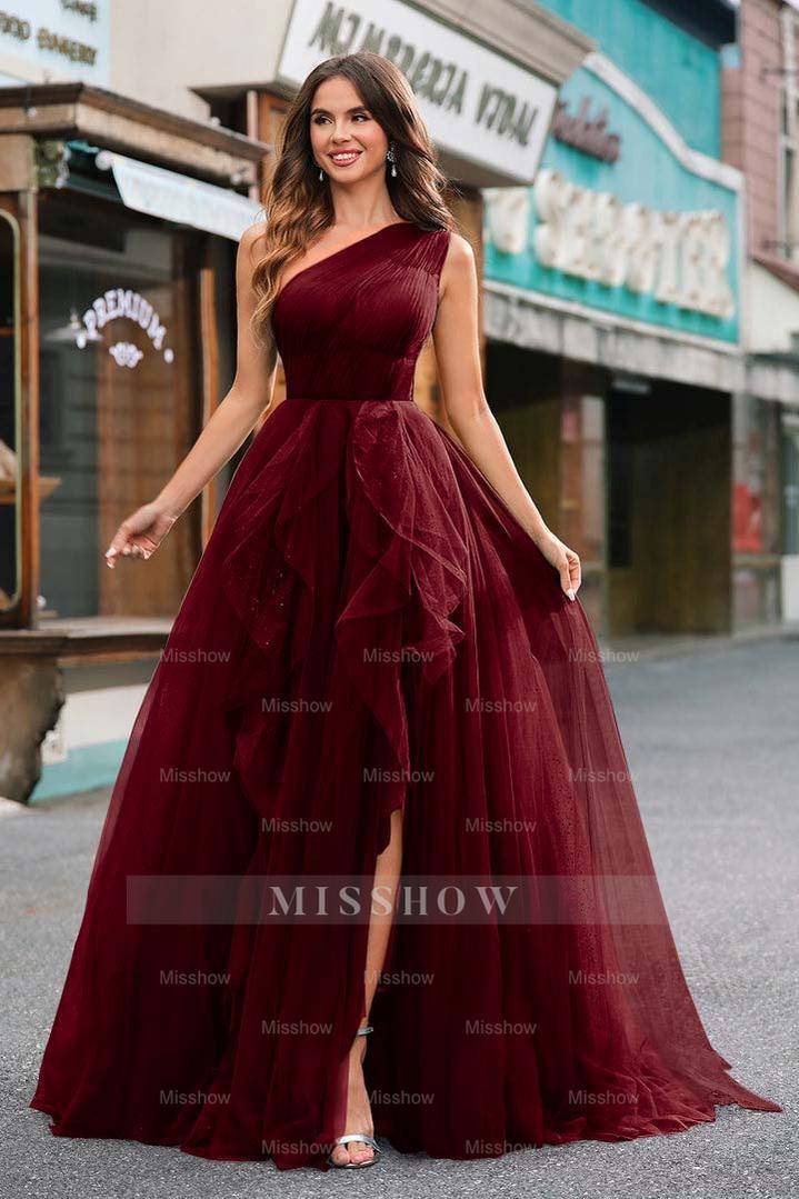 One Shoulder Sleeveless Long Split Formal Dress With Sequins Tulle