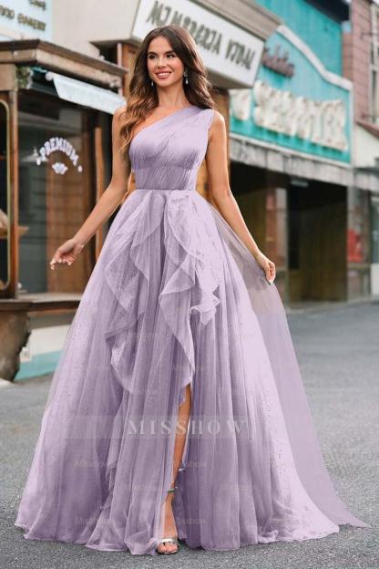 One Shoulder Sleeveless Long Split Formal Dress With Sequins Tulle