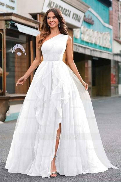 One Shoulder Sleeveless Long Split Formal Dress With Sequins Tulle