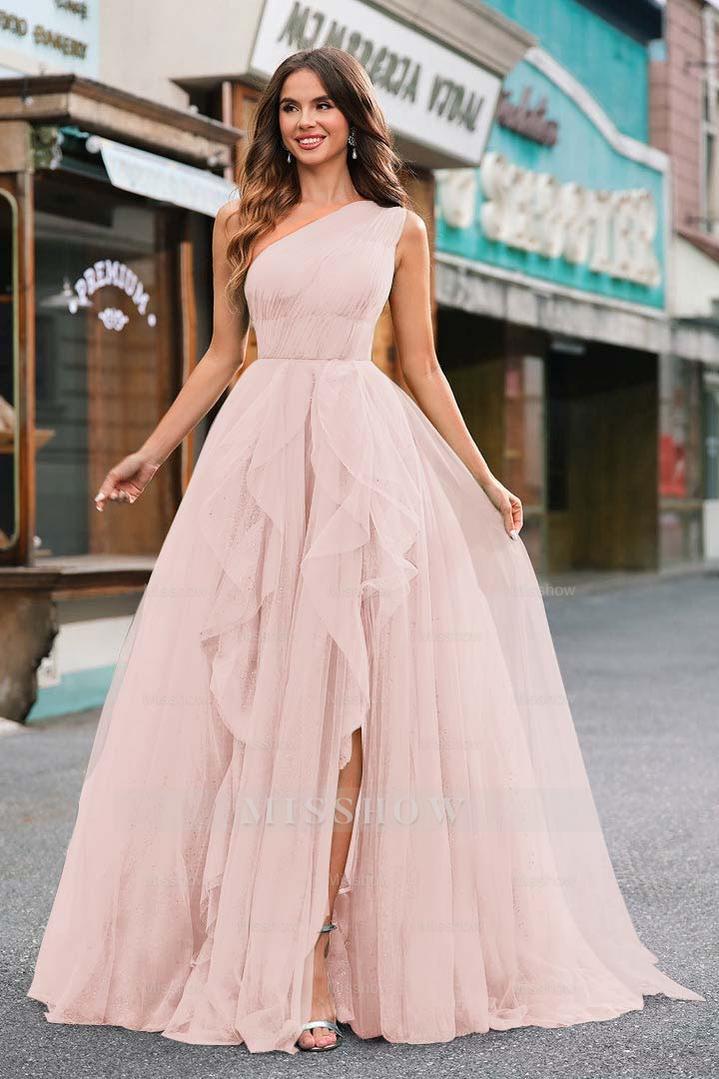 One Shoulder Sleeveless Long Split Formal Dress With Sequins Tulle