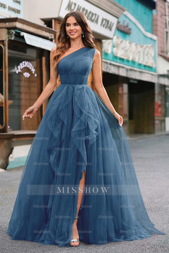 One Shoulder Sleeveless Long Split Formal Dress With Sequins Tulle