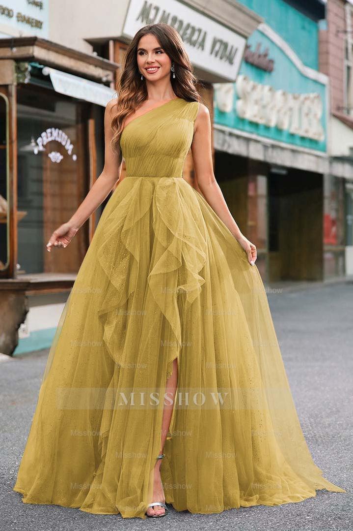 One Shoulder Sleeveless Long Split Formal Dress With Sequins Tulle