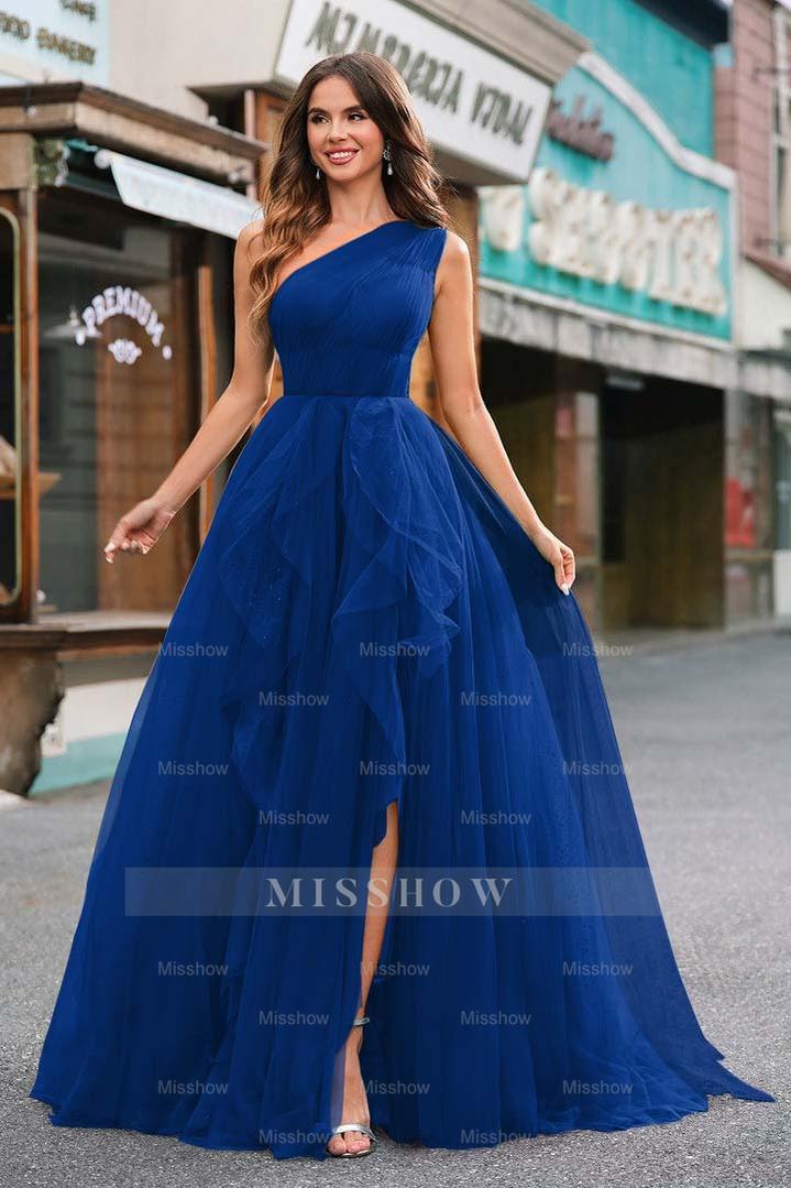One Shoulder Sleeveless Long Split Formal Dress With Sequins Tulle
