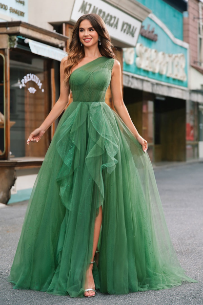One Shoulder Sleeveless Long Split Formal Dress With Sequins Tulle